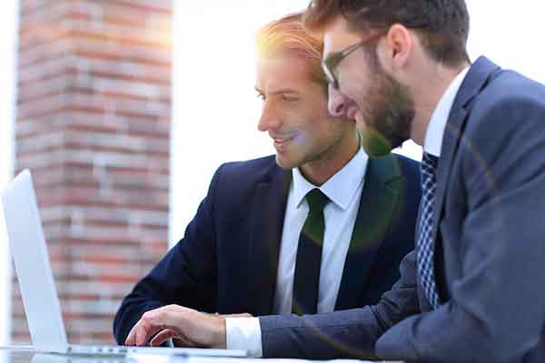 Male executives in office, looking at computer