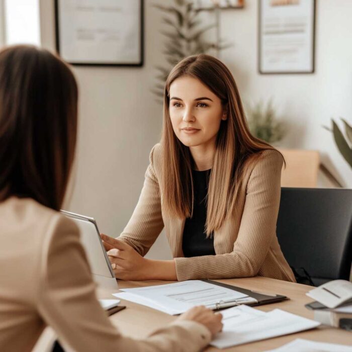 A recruiter in a formal office setting interviewing a real estate candidate, with resumes and property portfolios on the table.