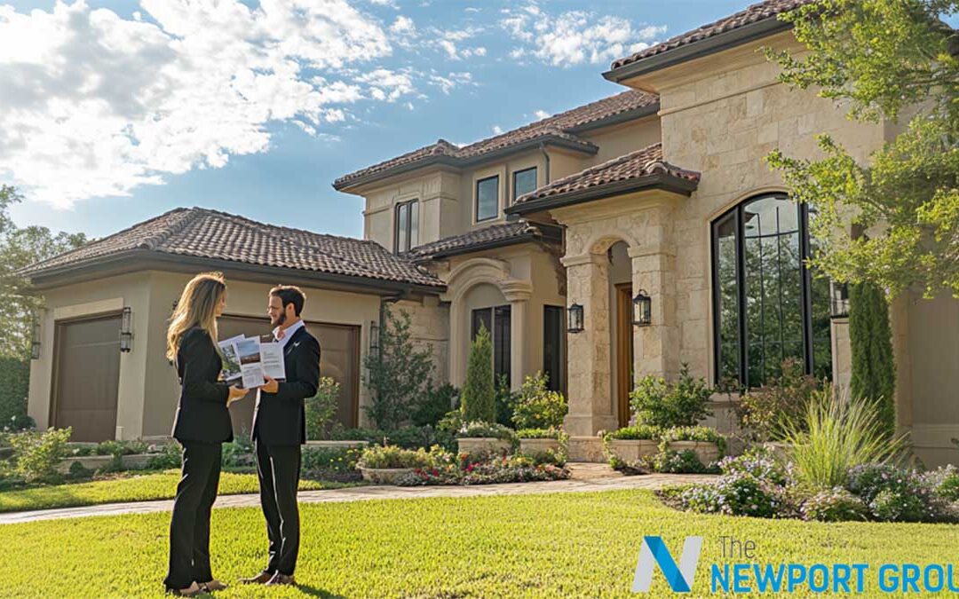 Real estate agents standing in front of a luxury estate, ready to present the property to potential buyers.