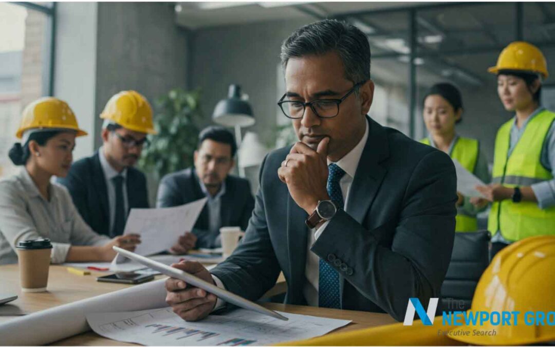 A construction executive in a meeting room reviews labor strategy and blueprints, representing leadership decisions in adapting hiring practices to the skilled labor shortage.
