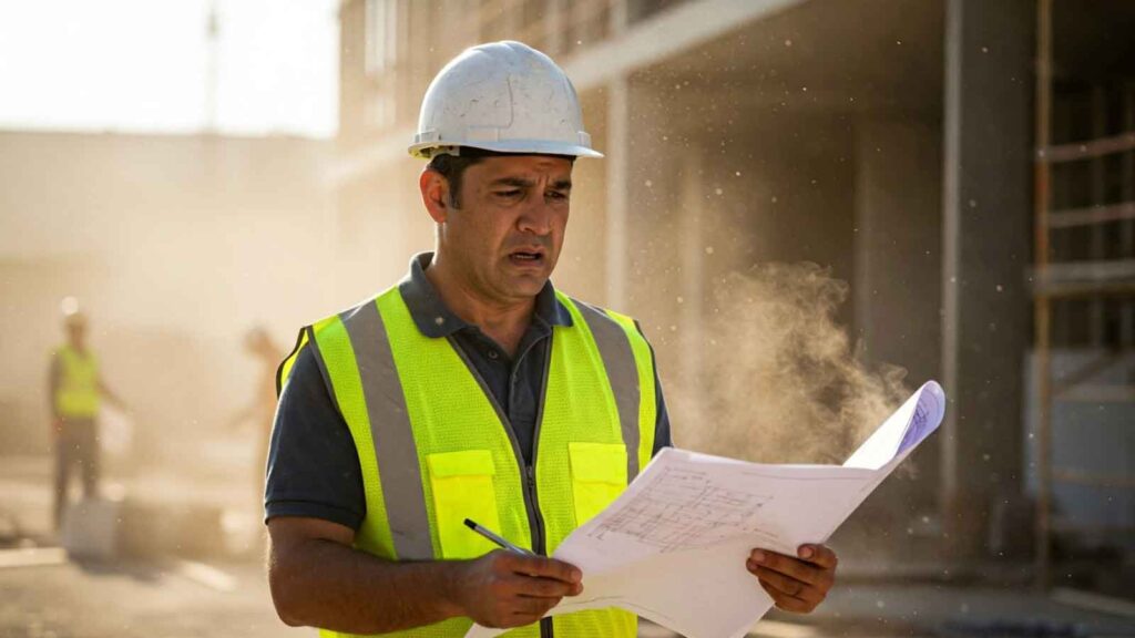 A foreman inspects building plans on-site, illustrating the real-world impact of labor shortages and the need for strategic planning under pressure. 