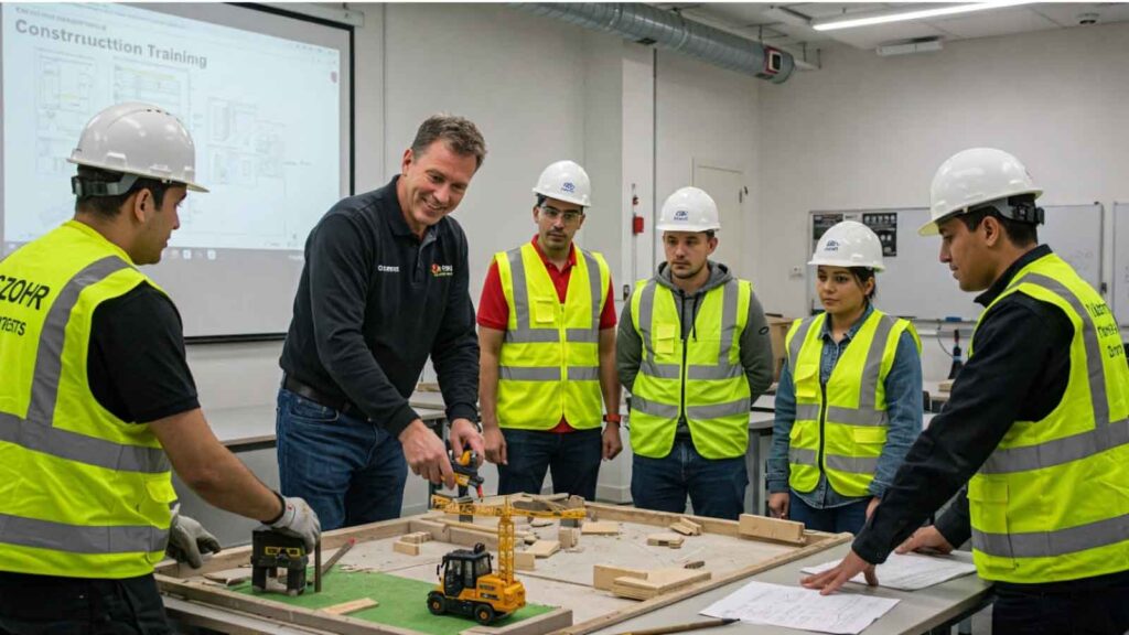 A construction trainer teaches new recruits using scaled models, highlighting industry efforts to upskill workers and close the labor gap through education and hands-on training. 