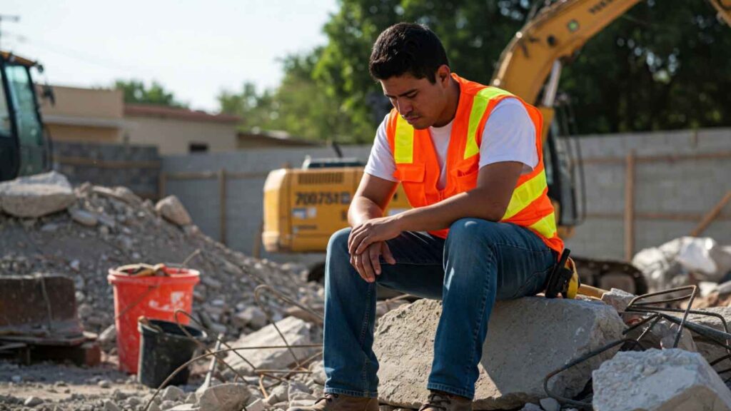 Construction worker in a reflective vest sitting on rubble at a job site looking down in frustration 