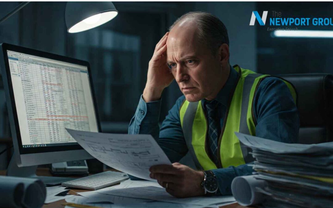 Middle-aged man in a safety vest reviewing financial documents late at night in an office