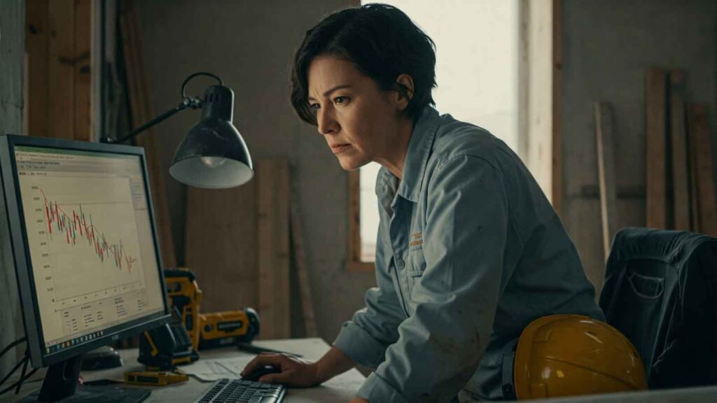 Woman in workwear studying a falling stock graph on her desktop in a construction office 